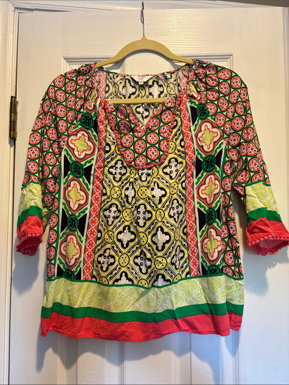 Crown and Ivy Boho Medallion Geo Print Blouse Petite Small PS Pom Pom Trim Cuff
